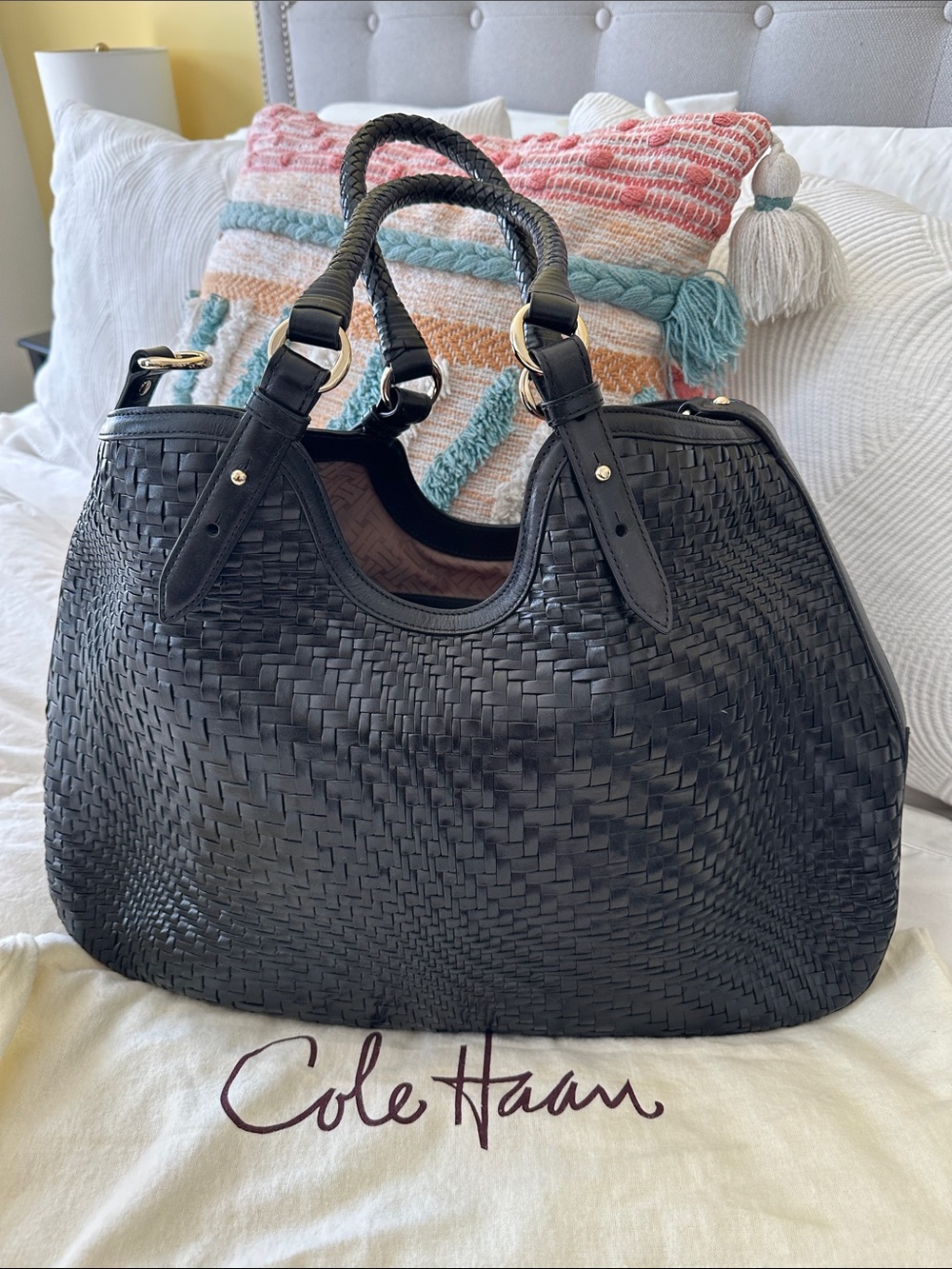 Cole Haan Black Woven Leather Tote with Braided Handles